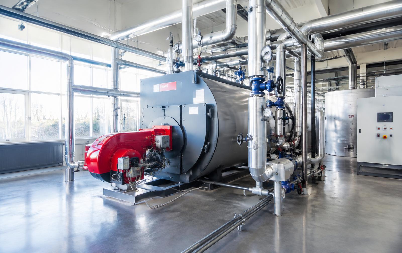 Sala de calderas industrial con tuberías y quemador